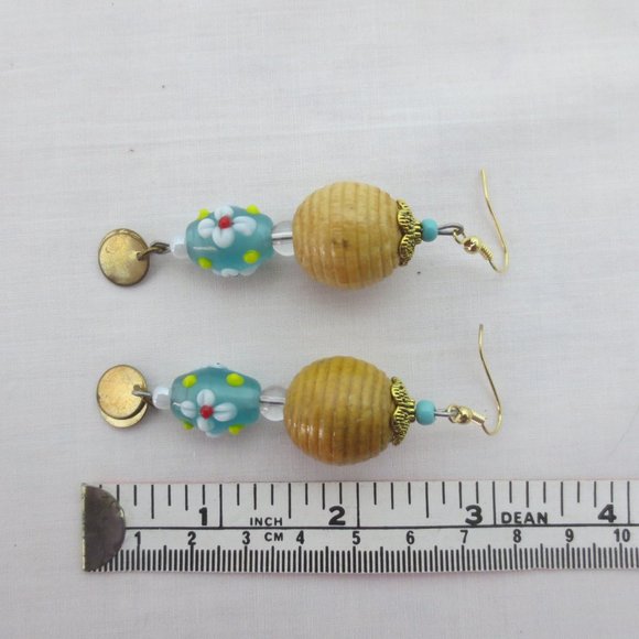 New Tan Wood Blue Floral Lampwork Glass Earrings - Picture 4 of 6